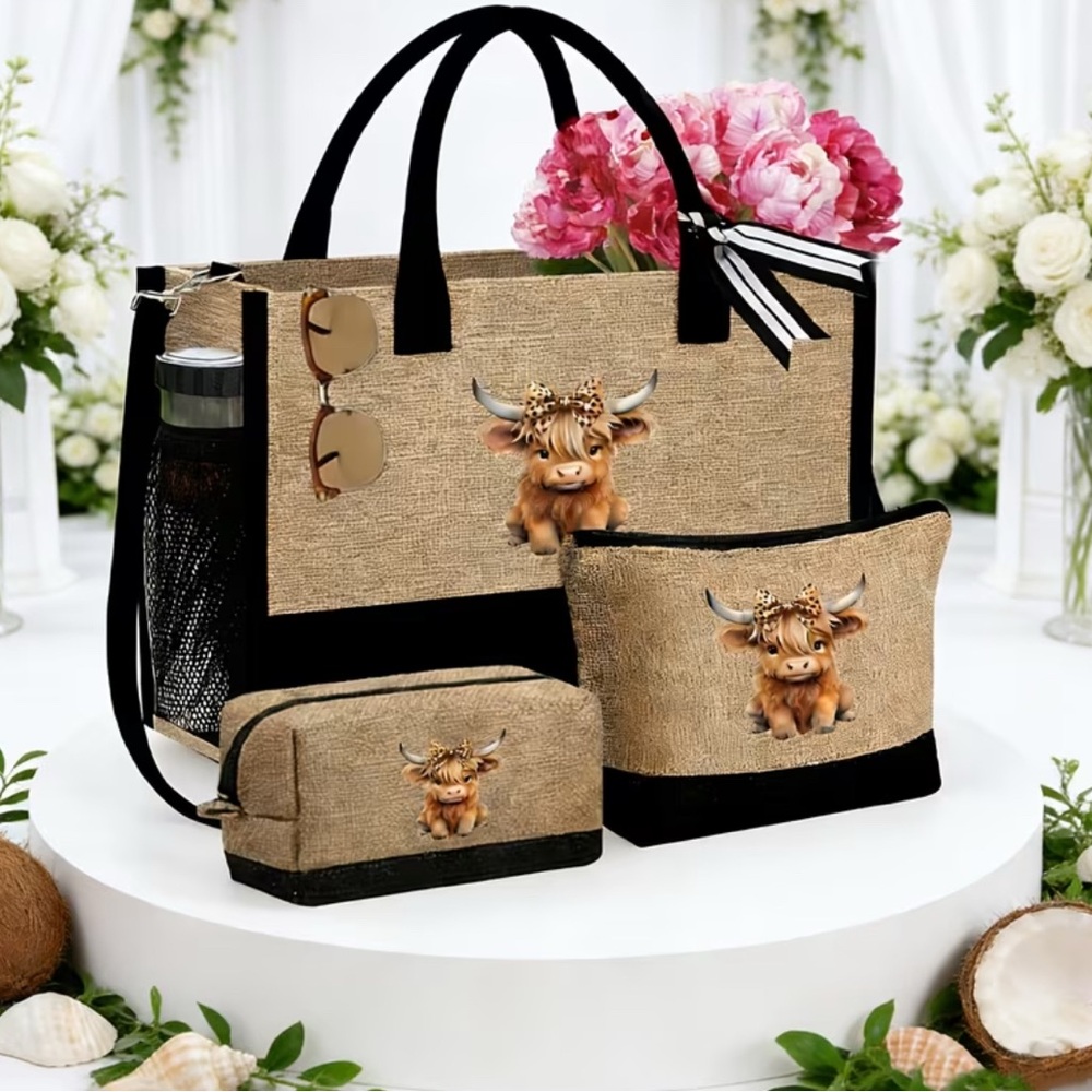 Cute Cow Print Beach Tote 3 piece set - Picture 6 of 8